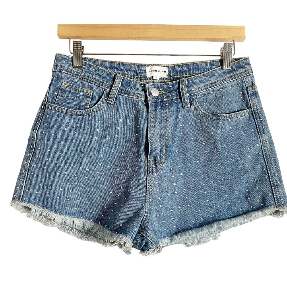Superdown Kierra Rhinestone High Waist Raw Hem Denim Blue Jean Shorts Size M - Picture 4 of 10